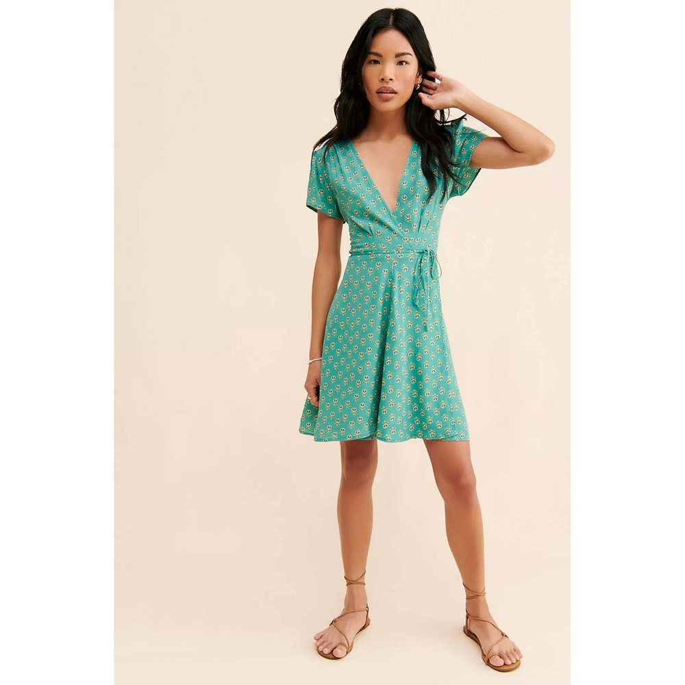 Rolla's Cleo Emmy Lou Floral Wrap Mini Dress Turquoise Blue Size L Cottage Boho
